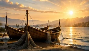 Fishing boats on the shore at sunrise